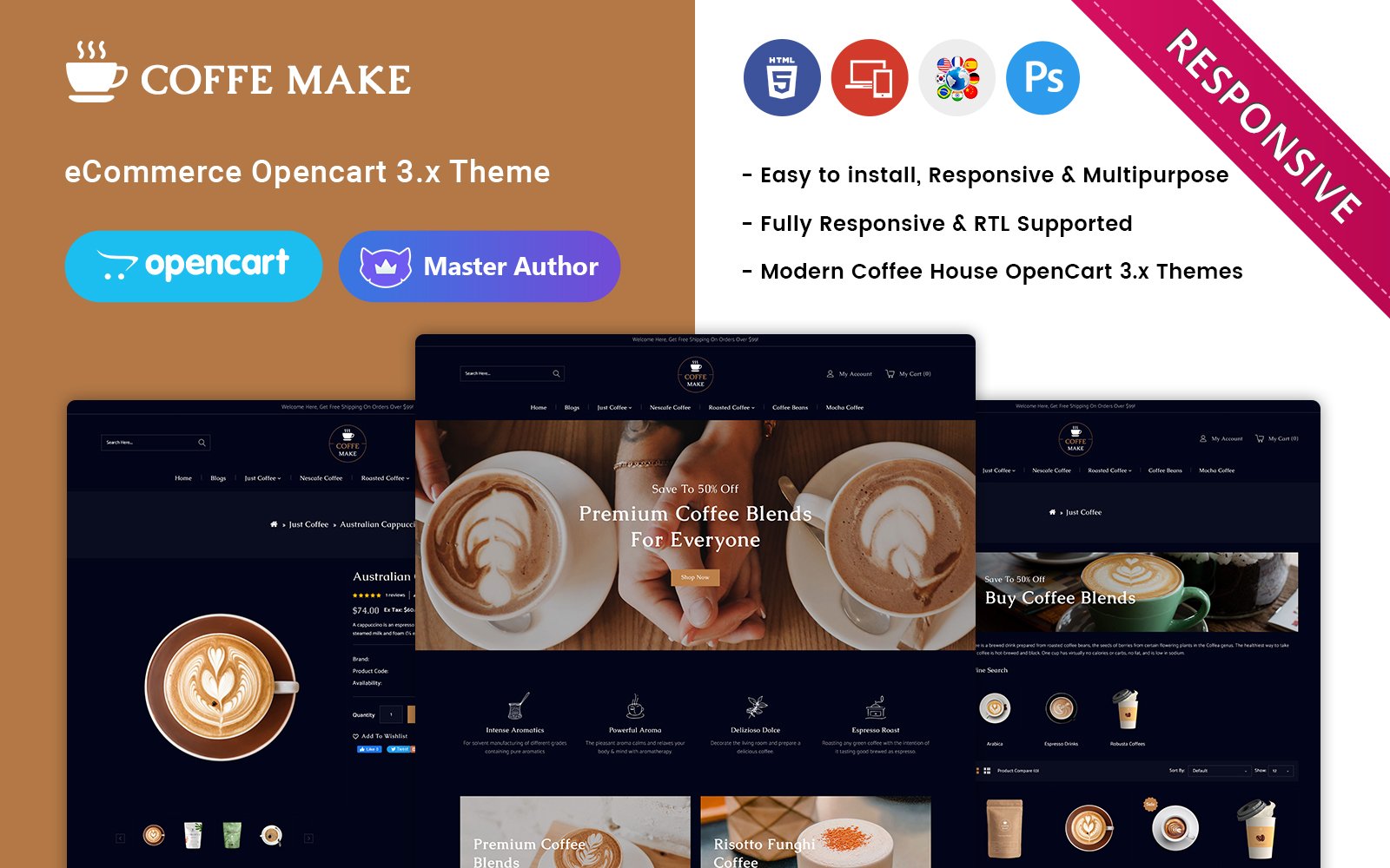 Шаблон OpenCart  CoffeMake - Coffee, Tea Drinks Store Responsive Opencart Theme 