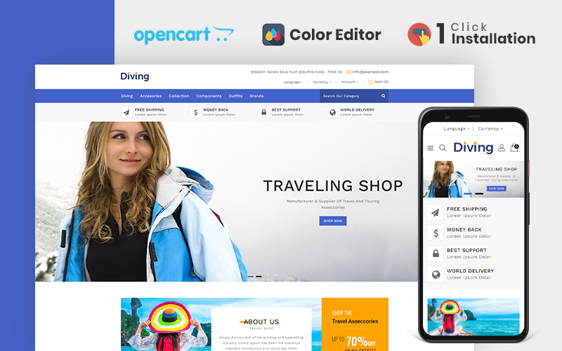 Шаблон OpenCart  Diving Travel Accessories Store Opencart Theme 