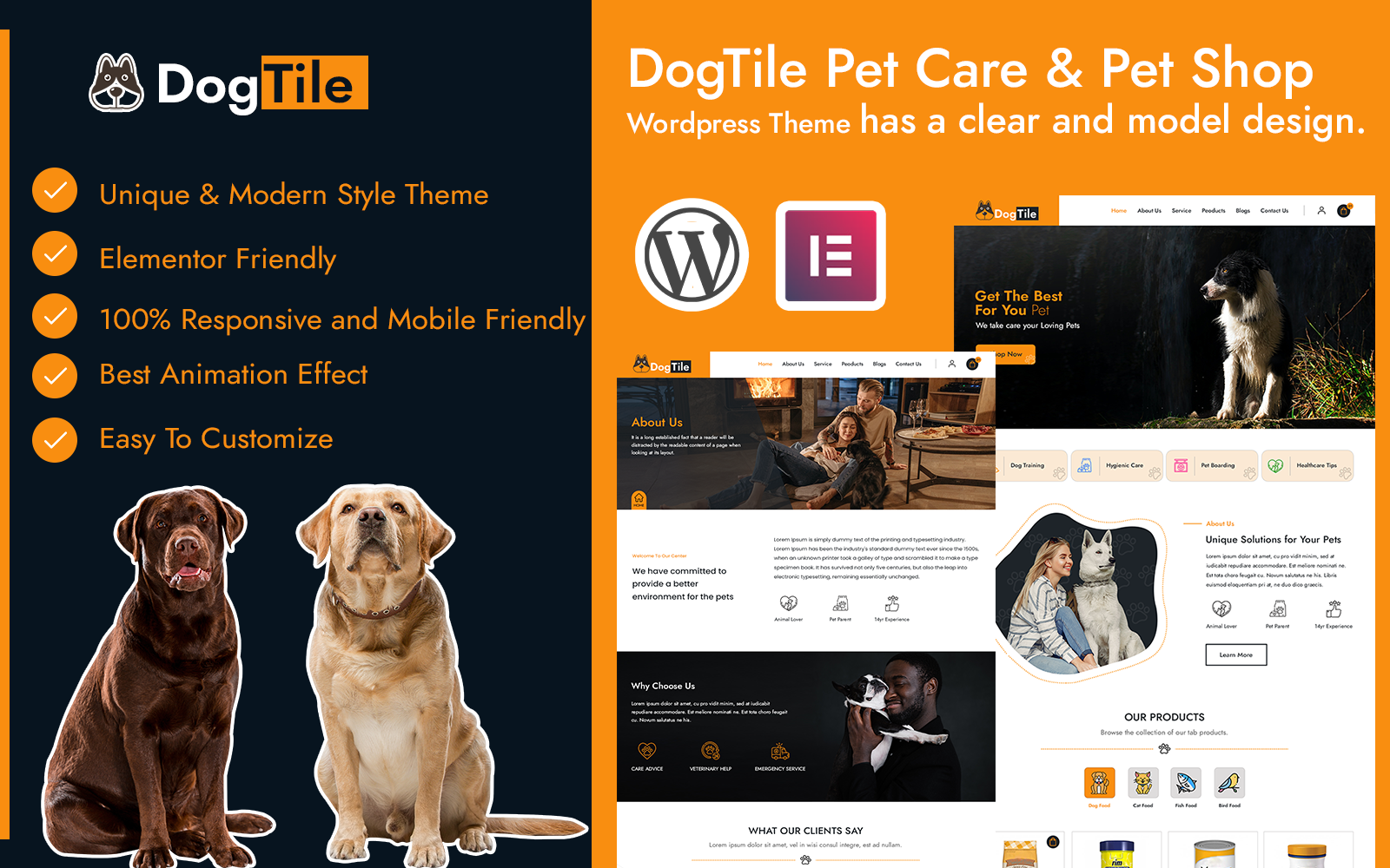 Шаблон Wordpress DogTile Pet Care & Pet Shop Elementor Wordpress Template Theme WordPress