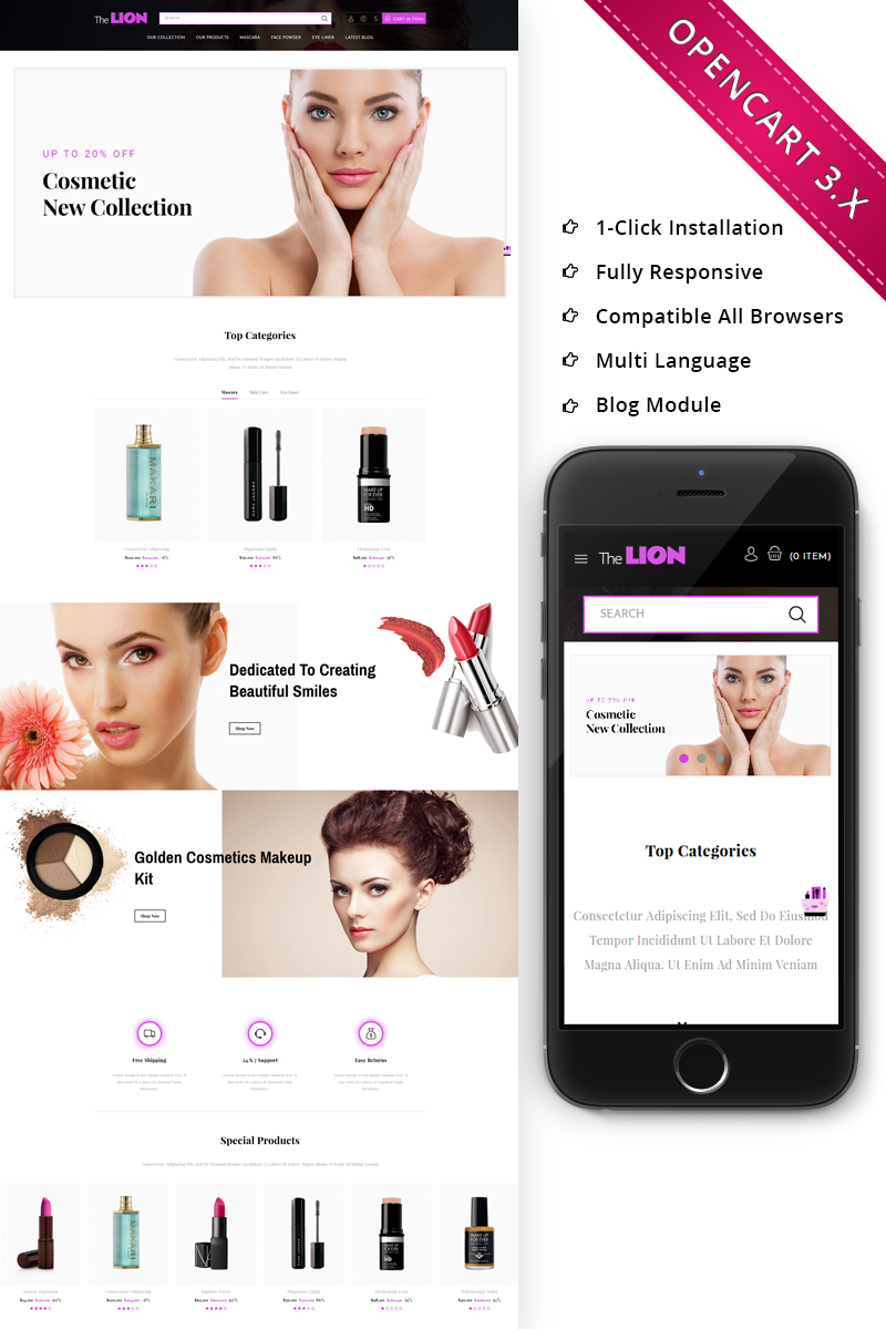 Шаблон OpenCart  Lion Cosmetic - Beauty Store Responsive 