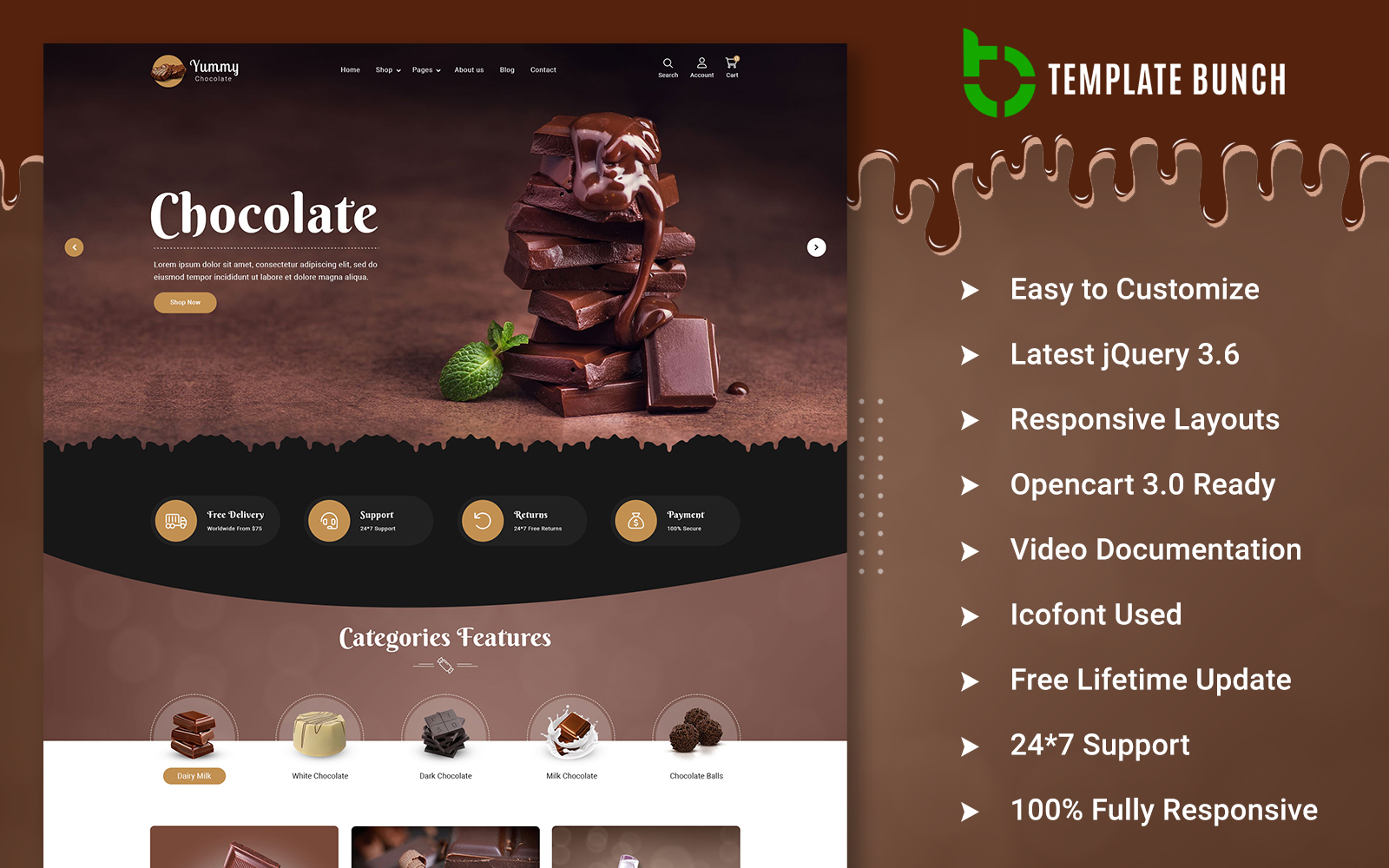 Шаблон OpenCart  Yummy Chocolate - Responsive OpenCart Theme for eCommerce 